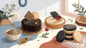 Современная иллюстрация кондитерских изделий, украшенных семенами кунжута, в стиле трендов оформления 2026 года